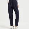 Pantaloni-Brunello Cucinelli Pantalone Tailored in jersey di cashmere Notte (C201)