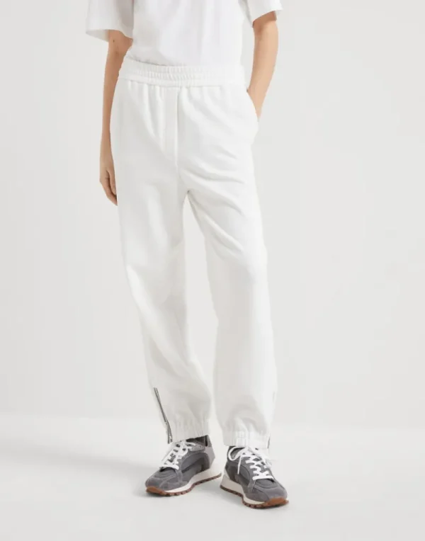 Travelwear-Brunello Cucinelli Pantalone Track in felpa Smooth di cotone con Precious Zipper Cuffs Off-White (C7220)