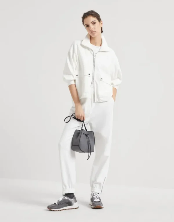 Travelwear-Brunello Cucinelli Pantalone Track in felpa Smooth di cotone con Precious Zipper Cuffs Off-White (C7220)