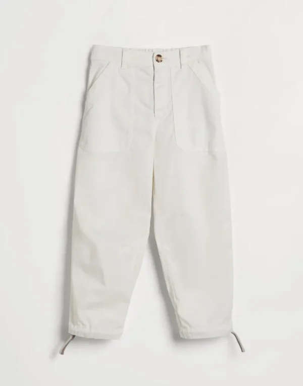 Pantaloni-Brunello Cucinelli Pantalone Utility in gabardina di cotone American Pima comfort tinto capo Bianco (C6007)