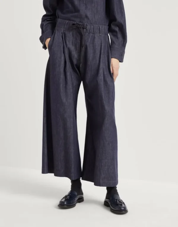 Pantaloni-Brunello Cucinelli Pantalone Wide Pleated in denim no fade con Shiny Tab Denim Scuro (C001)