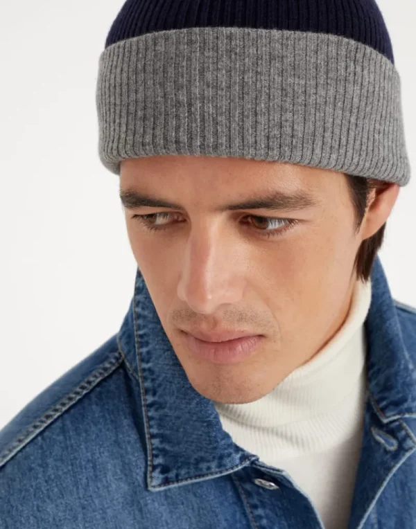 Cappelli-Brunello Cucinelli Papalina in maglia double di cashmere a coste Blu Navy (CW425)