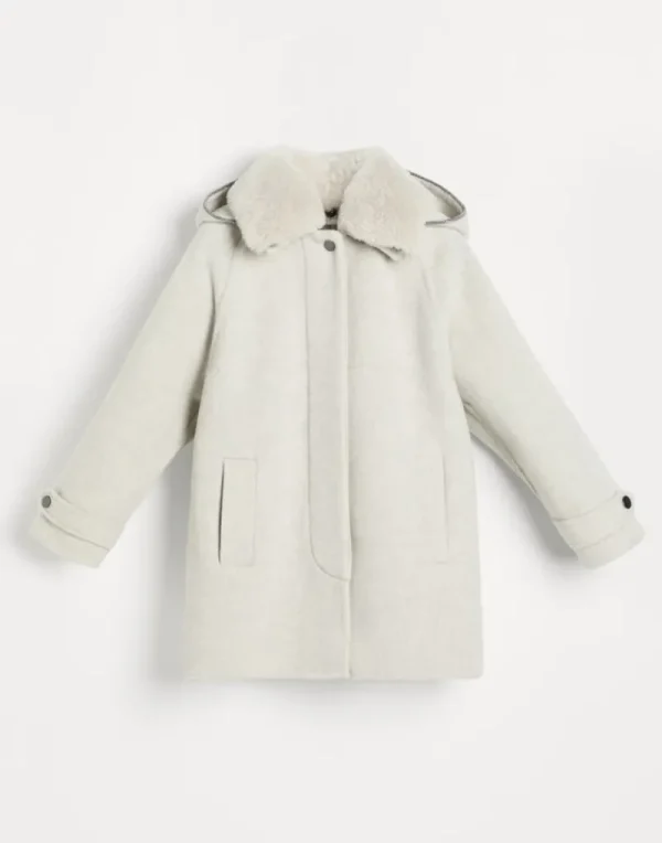 Capospalla-Brunello Cucinelli Parka lavorazione double in panno di lana vergine e cashmere con cappuccio staccabile foderato in shearling di cashmere e monile Grigio Chiaro (C008)