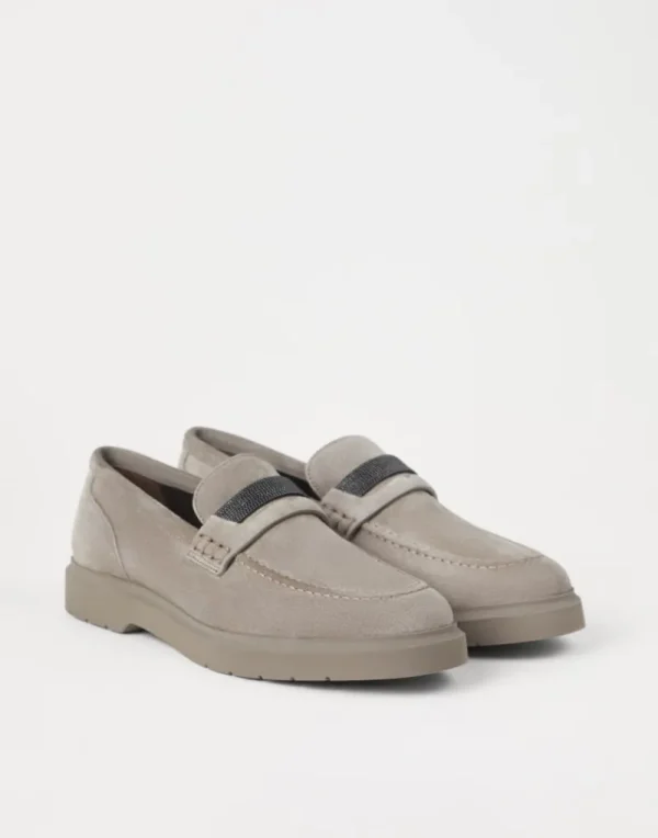 Mocassini & Flat Shoes-Brunello Cucinelli Penny loafer in camoscio con monile Grigio Chiaro (C5859)