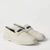 Mocassini & Flat Shoes-Brunello Cucinelli Penny Loafer in camoscio con monile Gesso (C8905)