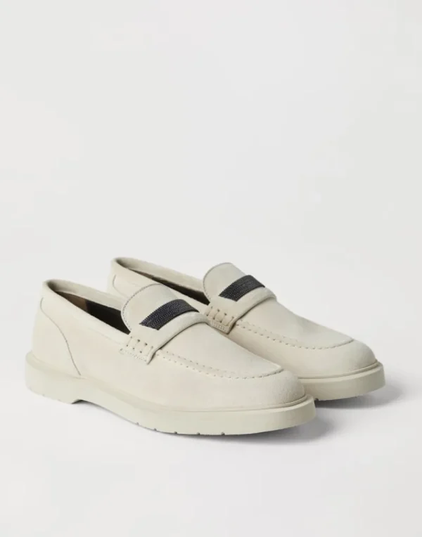 Mocassini & Flat Shoes-Brunello Cucinelli Penny Loafer in camoscio con monile Gesso (C8905)