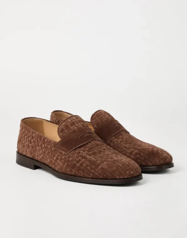 Mocassini-Brunello Cucinelli Penny Loafer in camoscio intrecciato Marrone (C7655)