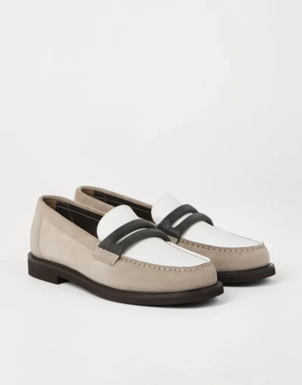 Mocassini & Flat Shoes-Brunello Cucinelli Penny loafer in camoscio con Precious Clamp Grigio Chiaro (C5859)