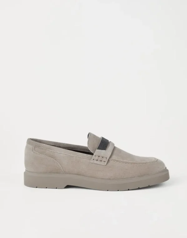 Mocassini & Flat Shoes-Brunello Cucinelli Penny loafer in camoscio con monile Grigio Chiaro (C5859)