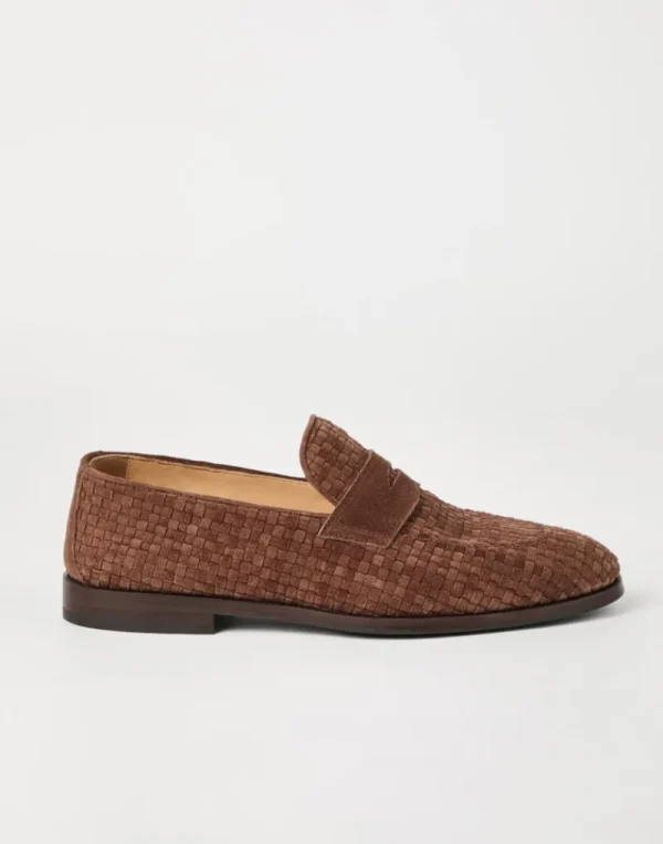 Mocassini-Brunello Cucinelli Penny Loafer in camoscio intrecciato Marrone (C7655)