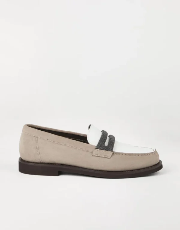 Mocassini & Flat Shoes-Brunello Cucinelli Penny loafer in camoscio con Precious Clamp Grigio Chiaro (C5859)