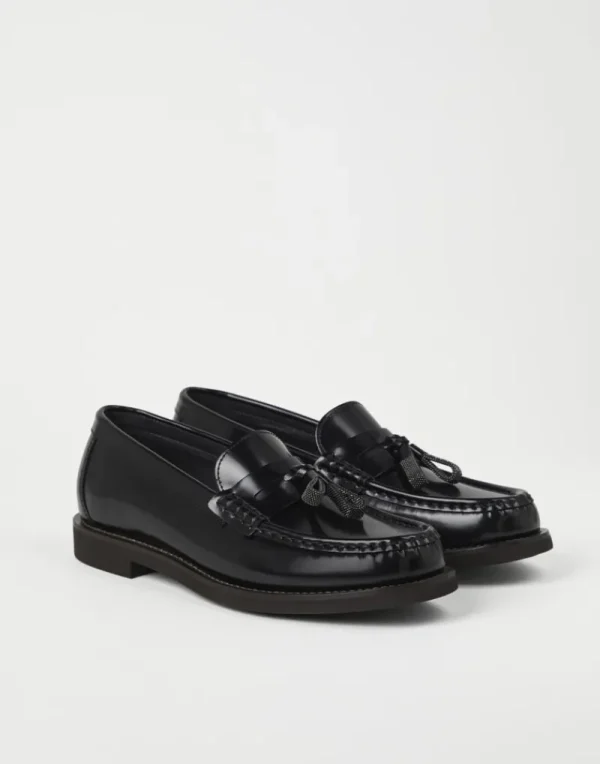 Mocassini & Flat Shoes-Brunello Cucinelli Penny loafer in vitello Minimal con Shiny Tassels Nero (C101)