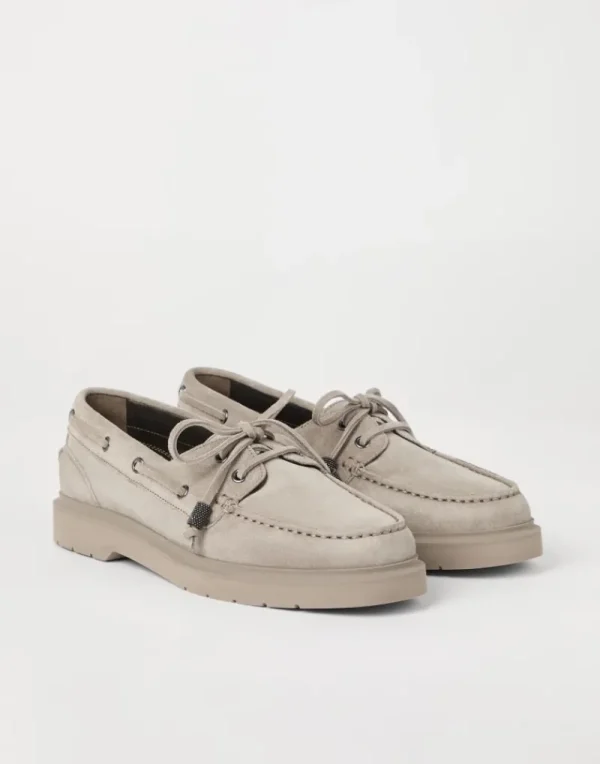 Mocassini & Flat Shoes-Brunello Cucinelli Penny loafer Sail in camoscio con Shiny Aglets Grigio Chiaro (C5859)