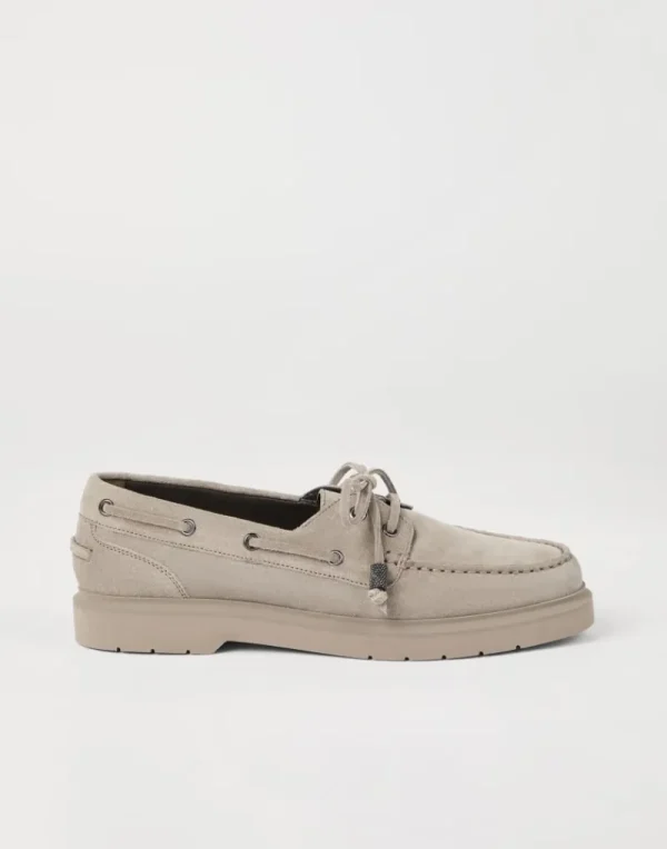 Mocassini & Flat Shoes-Brunello Cucinelli Penny loafer Sail in camoscio con Shiny Aglets Grigio Chiaro (C5859)