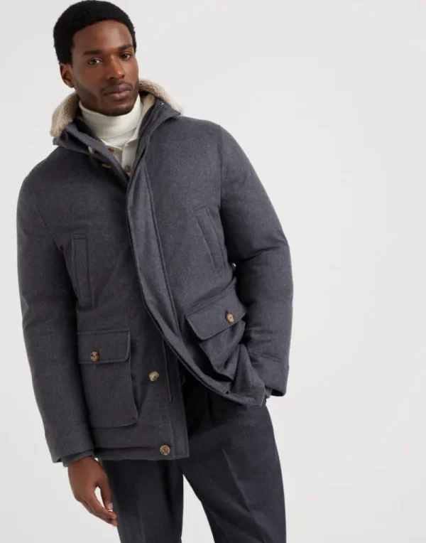 Capospalla-Brunello Cucinelli Piumino parka in flanella di lana membranata con cappuccio e inserto in shearling Grigio (CBZ24)