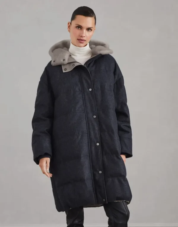 Capospalla-Brunello Cucinelli Piumino parka in flanella di lana vergine con inserto in shearling removibile e Shiny Zipper Pull Grigio Medio (C006)