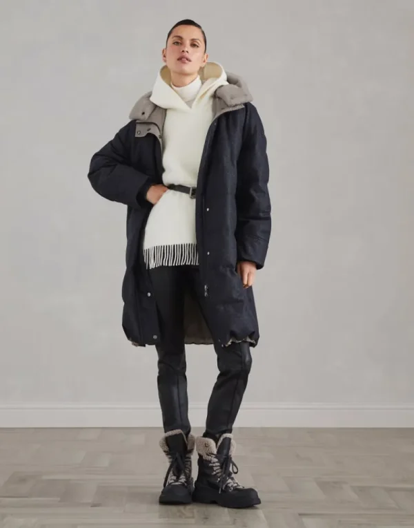 Capospalla-Brunello Cucinelli Piumino parka in flanella di lana vergine con inserto in shearling removibile e Shiny Zipper Pull Grigio Medio (C006)