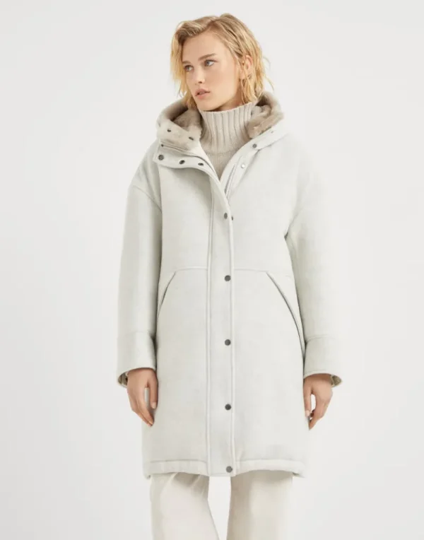 Capospalla-Brunello Cucinelli Piumino parka in panno double di lana vergine e cashmere con inserto in shearling removibile e Shiny Zipper Pull Grigio Chiaro (C008)