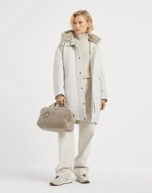 Capospalla-Brunello Cucinelli Piumino parka in panno double di lana vergine e cashmere con inserto in shearling removibile e Shiny Zipper Pull Grigio Chiaro (C008)