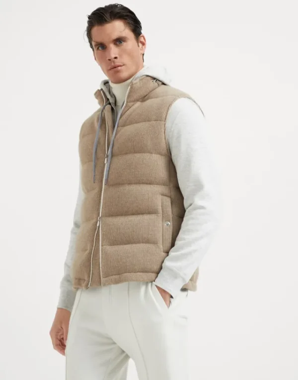 Capospalla-Brunello Cucinelli Piumino senza maniche in maglia di cashmere costa inglese con cappuccio estraibile Beige (CW926)