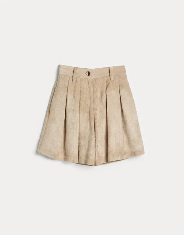 Pantaloni & Gonne-Brunello Cucinelli Pleated Short in corduroy martellato con monile Naturale (C700)