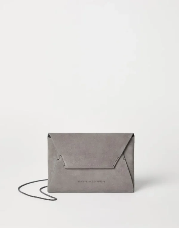 Borse Mini & Pochette-Brunello Cucinelli Pochette BC Duo in camoscio con Precious Chain Grigio (C8195)