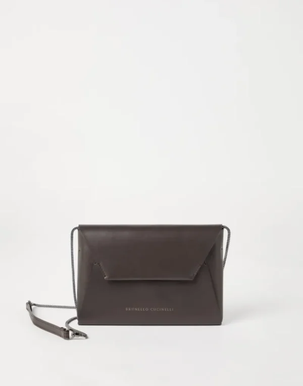 Piccola Pelletteria-Brunello Cucinelli Pochette BC Duo in vitello granato con Precious Chain Marrone (C8279)