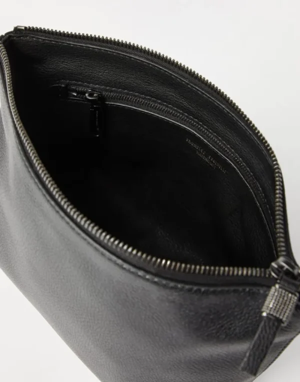 Piccola Pelletteria-Brunello Cucinelli Pochette in pelle granata con Shiny Zipper Pull Nero (C101)