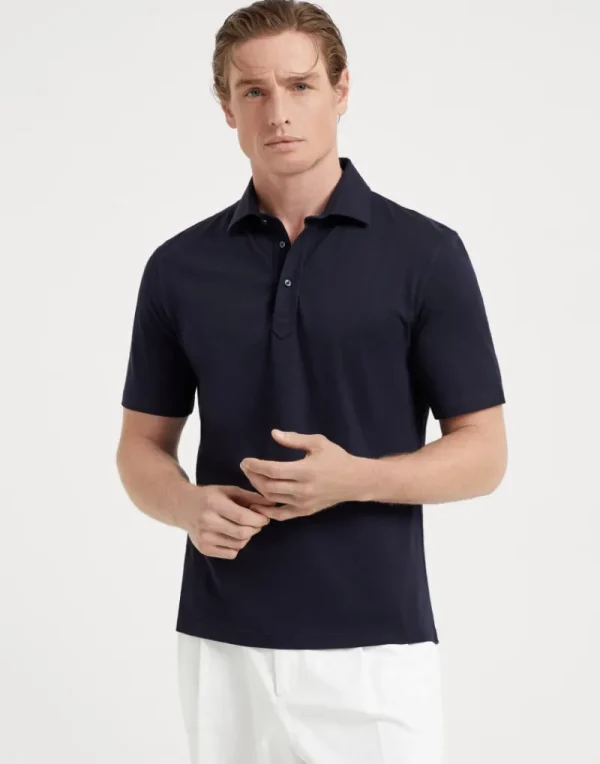 T-shirt & Polo-Brunello Cucinelli Polo collo camicia in jersey di cotone Blu Navy (C4425)