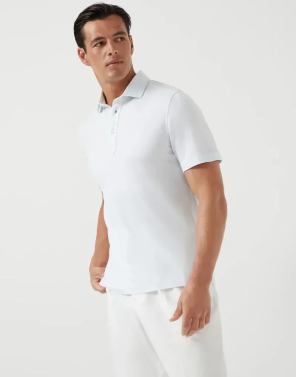 T-shirt & Polo-Brunello Cucinelli Polo collo camicia in piquet di cotone e lino Cielo (C2567)