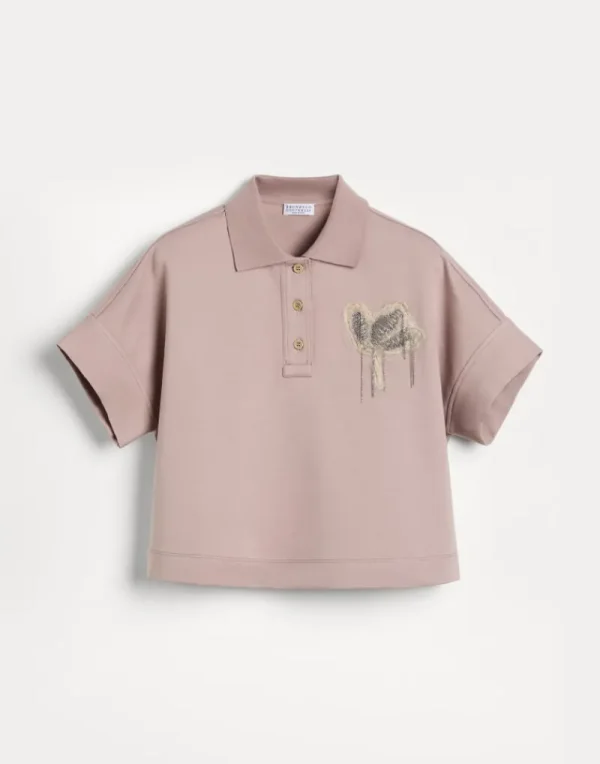 Travelwear-Brunello Cucinelli Polo in felpa leggera di cotone stretch con Precious Flower Crest Rosa (C9646)