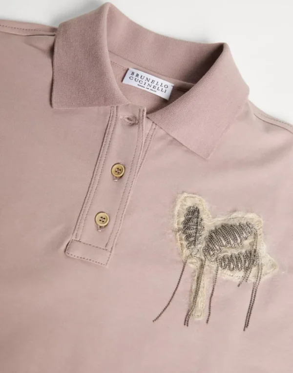 Travelwear-Brunello Cucinelli Polo in felpa leggera di cotone stretch con Precious Flower Crest Rosa (C9646)