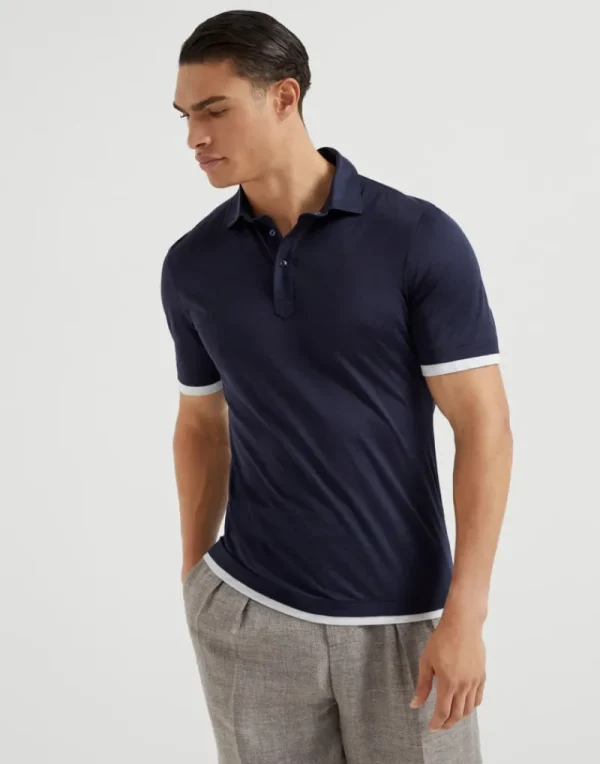 T-shirt & Polo-Brunello Cucinelli Polo in jersey di seta e cotone con colletto stile camicia e Faux-Layering Blu (CW770)