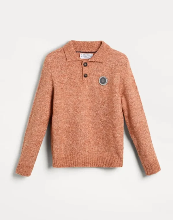 Maglieria-Brunello Cucinelli Polo in maglia di alpaca, cotone e lana con patch Arancio (CBU47)