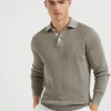 Maglieria-Brunello Cucinelli Polo in maglia di cotone costa inglese con manica lunga raglan Khaki (CJR28)