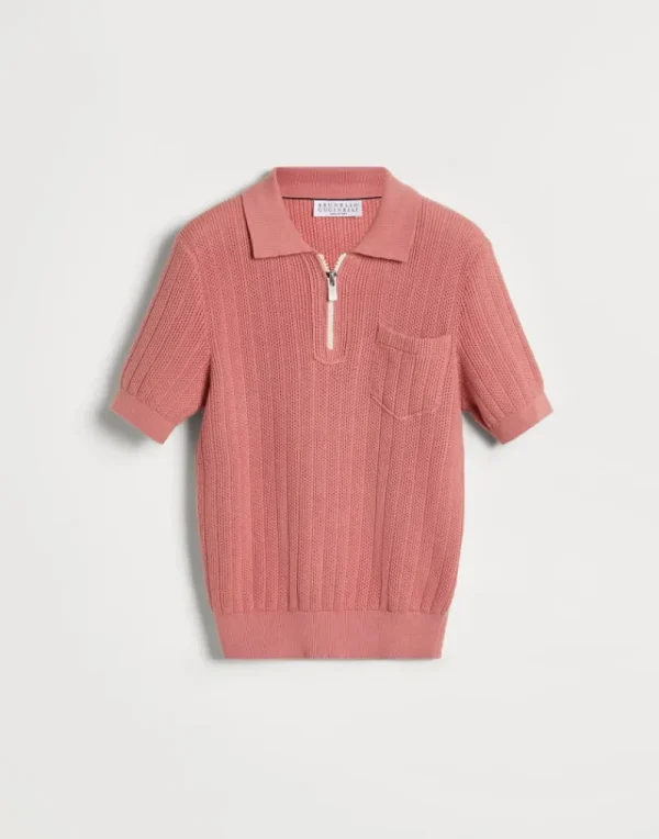 Maglieria-Brunello Cucinelli Polo in maglia di cotone nido d'ape con apertura zip Pompelmo Rosa (C2395)