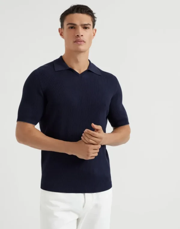 Maglieria-Brunello Cucinelli Polo in maglia di cotone costa inglese Blu Navy (CW425)