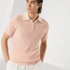 Maglieria-Brunello Cucinelli Polo in maglia di lino e cotone mezza costa inglese Rosa Chiaro (CWO67)