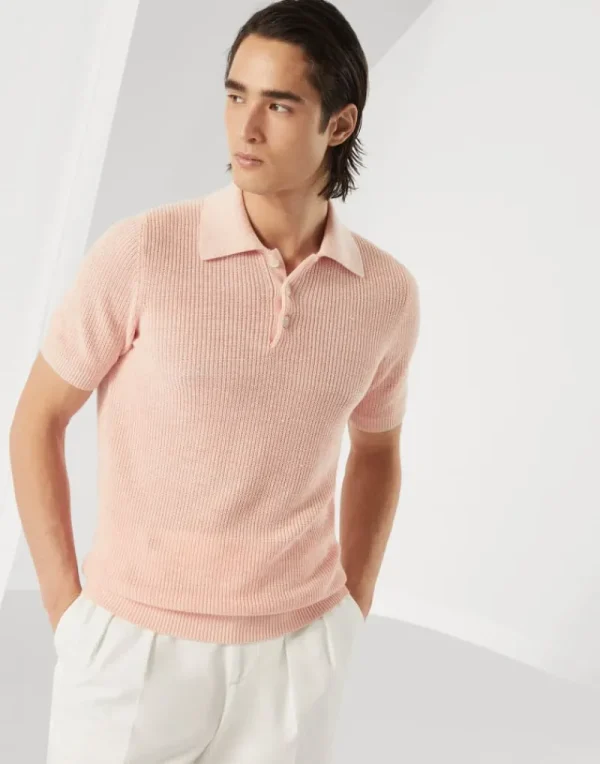 Maglieria-Brunello Cucinelli Polo in maglia di lino e cotone mezza costa inglese Rosa Chiaro (CWO67)