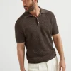 Maglieria-Brunello Cucinelli Polo in maglia di lino e cotone mezza costa inglese Marrone (CLG17)