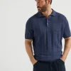 Maglieria-Brunello Cucinelli Polo in maglia di lino e cotone costa larga Azzurro (CCV81)