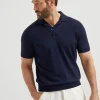 Maglieria-Brunello Cucinelli Polo in maglia leggera di cotone con colletto camp Blu Navy (CW425)