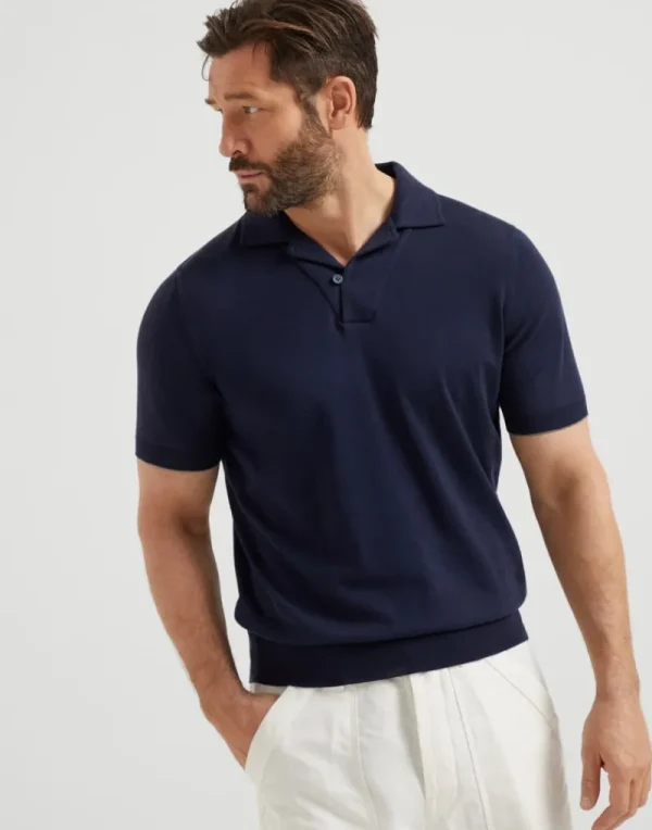 Maglieria-Brunello Cucinelli Polo in maglia leggera di cotone con colletto camp Blu Navy (CW425)