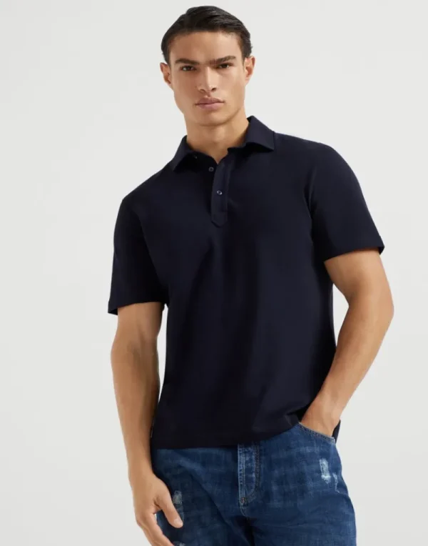 T-shirt & Polo-Brunello Cucinelli Polo in piquet di cotone con colletto stile camicia Blu Navy (C4425)