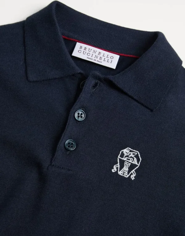 Maglieria-Brunello Cucinelli Polo manica lunga in maglia di cotone con logo Blu Navy (CNW18)