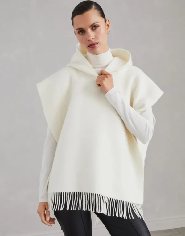 Maglieria-Brunello Cucinelli Poncho in maglia double di lana e cashmere con cappuccio e frange Bianco (CPANA)