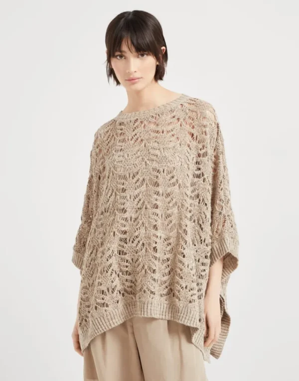 Maglieria-Brunello Cucinelli Poncho in maglia Foliage Lace di lino e seta Diamante Beige (C3785)