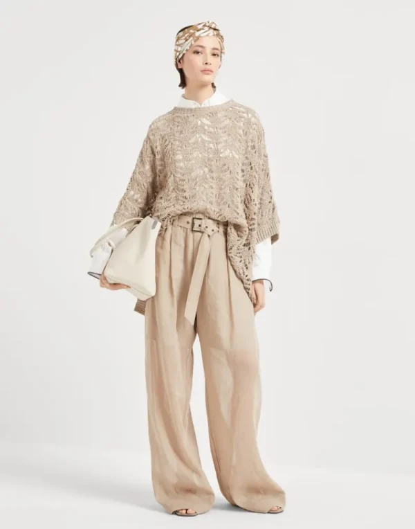 Maglieria-Brunello Cucinelli Poncho in maglia Foliage Lace di lino e seta Diamante Beige (C3785)