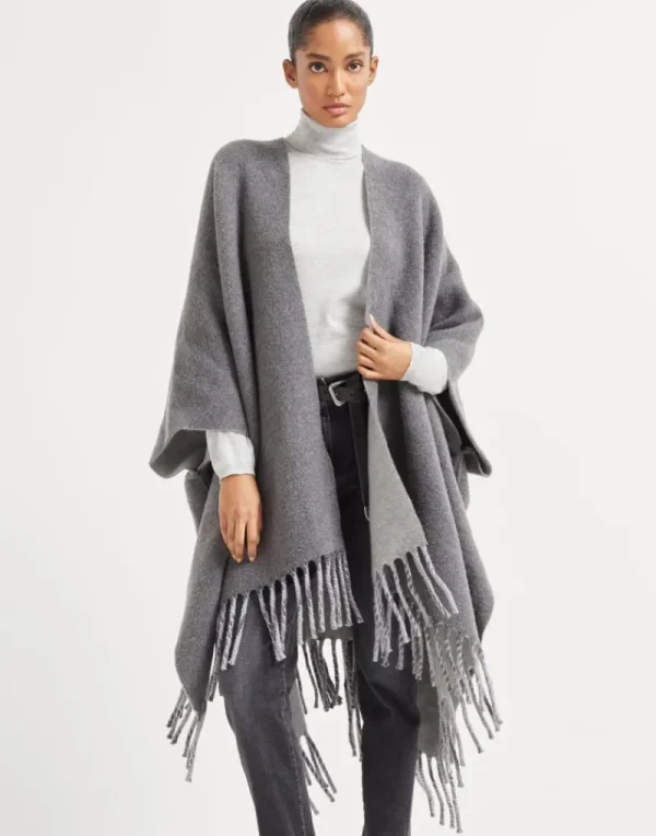 Maglieria-Brunello Cucinelli Poncho reversibile in maglia double di lana e cashmere Grigio Chiaro (CHA14)