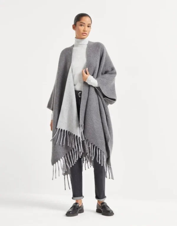 Maglieria-Brunello Cucinelli Poncho reversibile in maglia double di lana e cashmere Grigio Chiaro (CHA14)